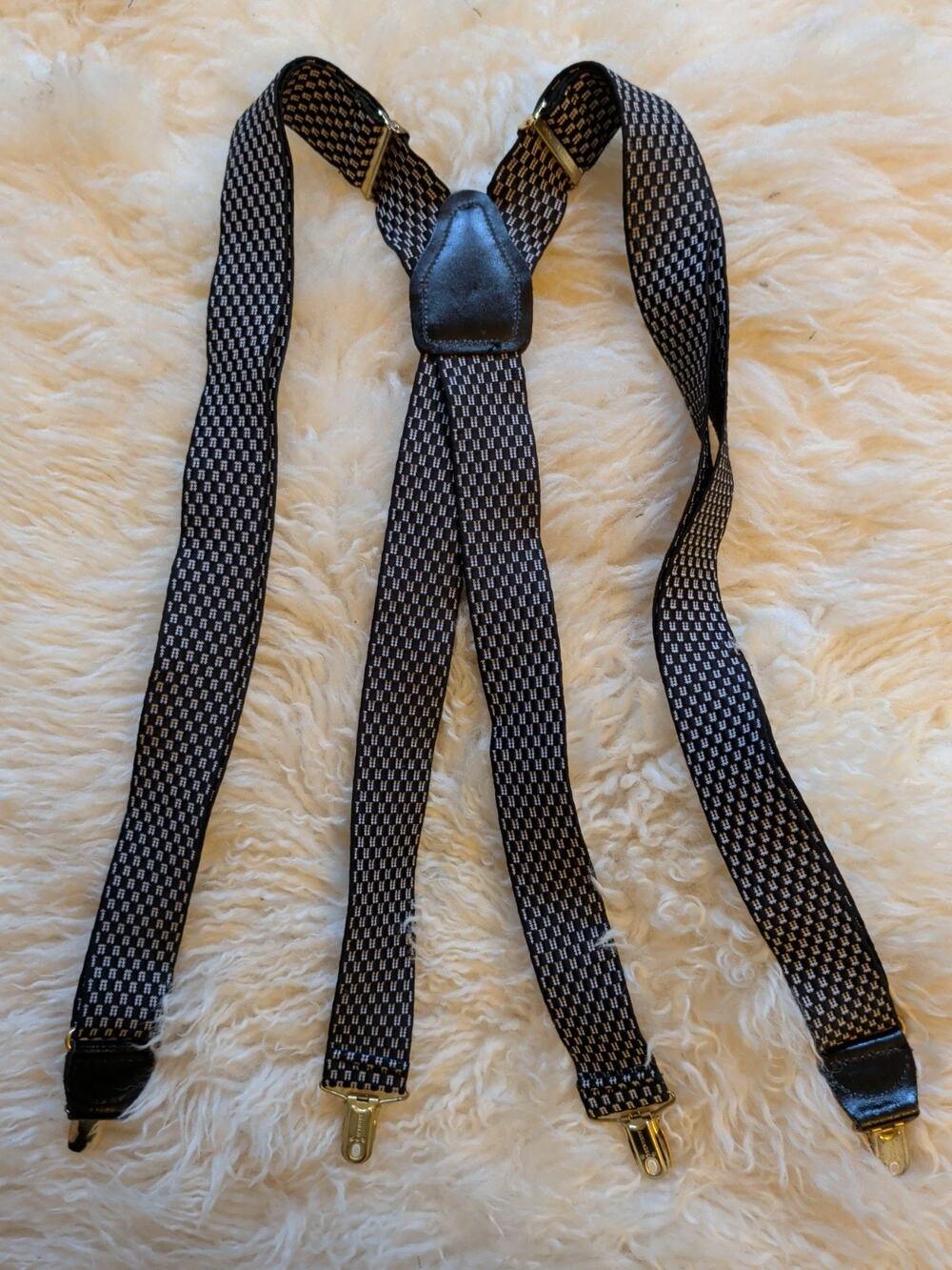 VTG CAS Germany Suspenders Black White Geometric Gold Clips Leater Y Back